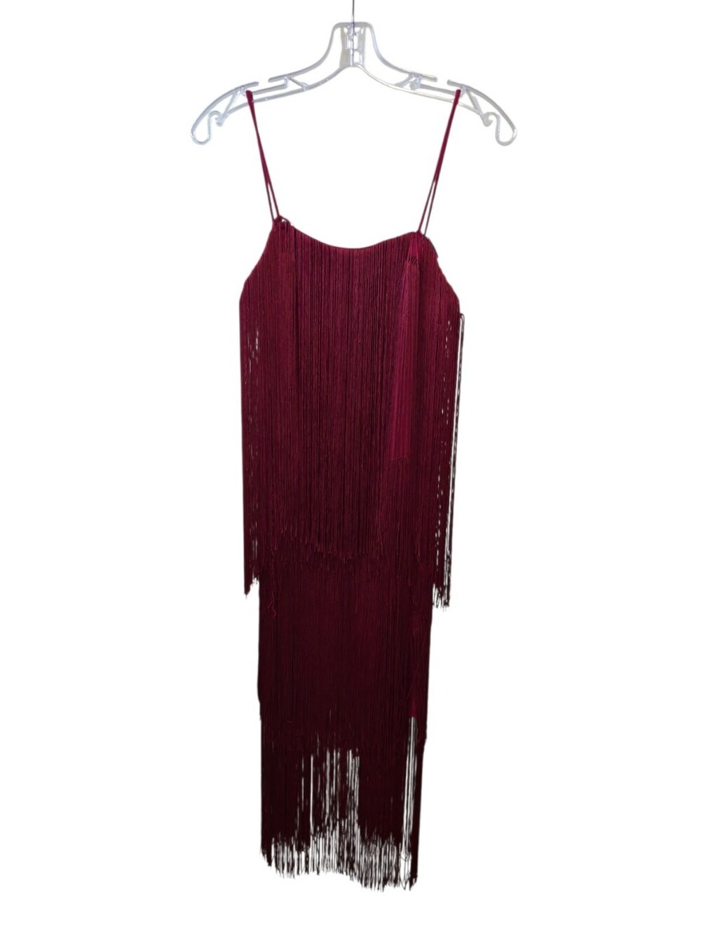 NWT- Commense Burgundy Fringe Midi Dress Women's Spaghetti Strap Party SIZE S - Picture 2 of 9